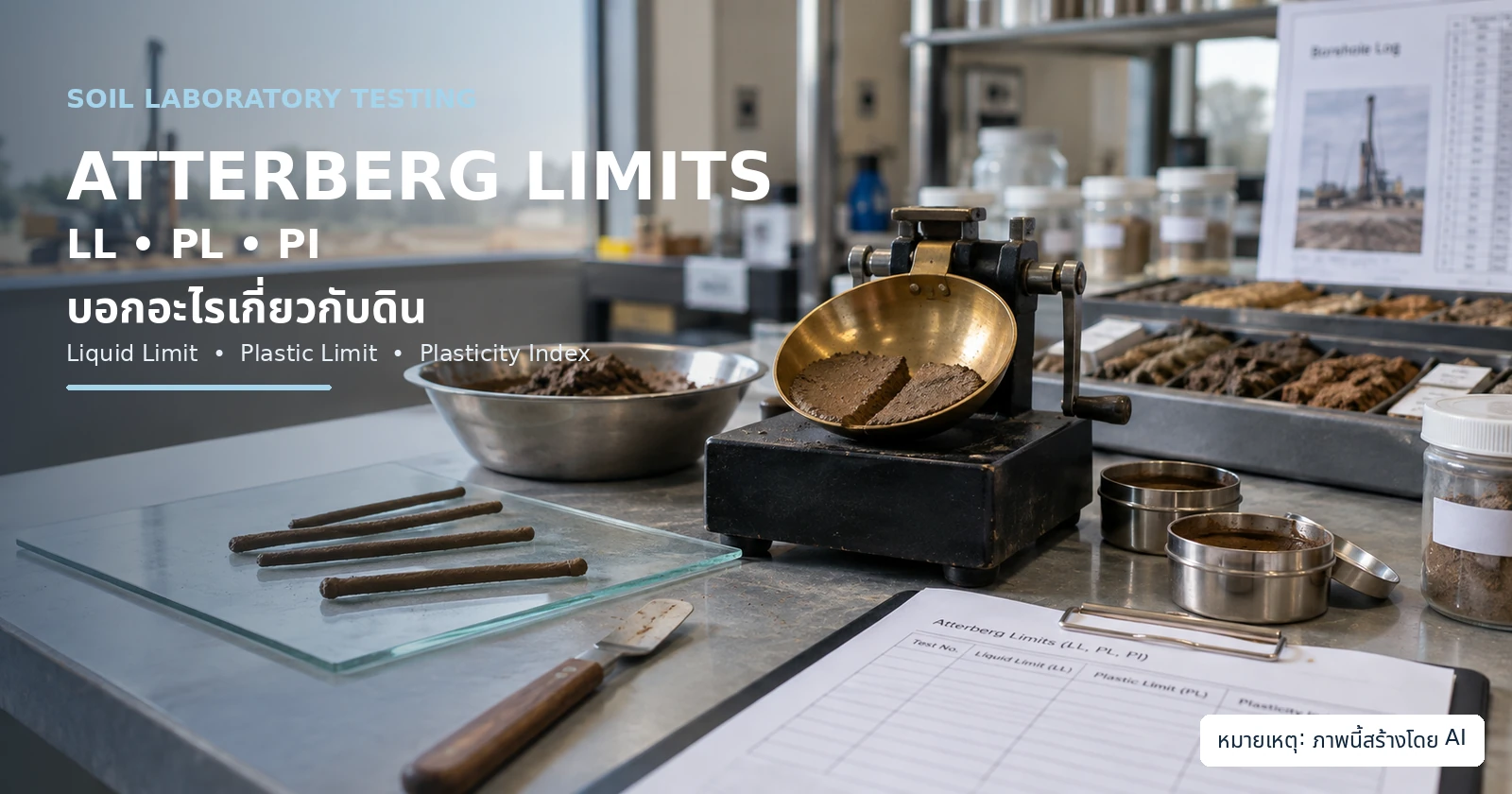 อุปกรณ์ทดสอบ Atterberg Limits พร้อมตัวอย่างดินสำหรับหาค่า LL PL และ PI