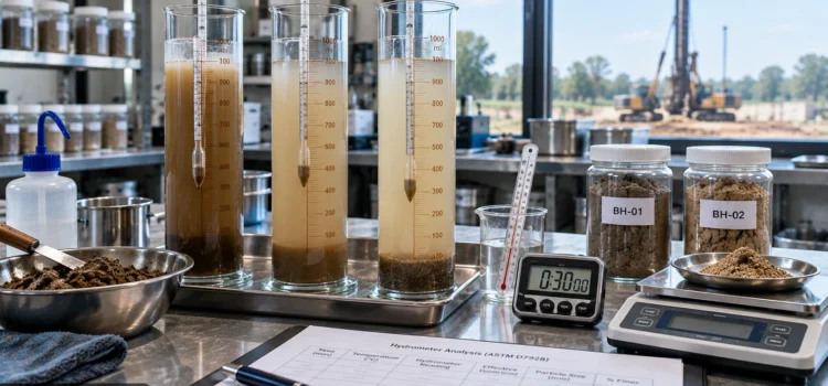 กระบอกตกตะกอนและ Hydrometer สำหรับทดสอบการกระจายขนาดอนุภาคดินละเอียดในห้องปฏิบัติการ
