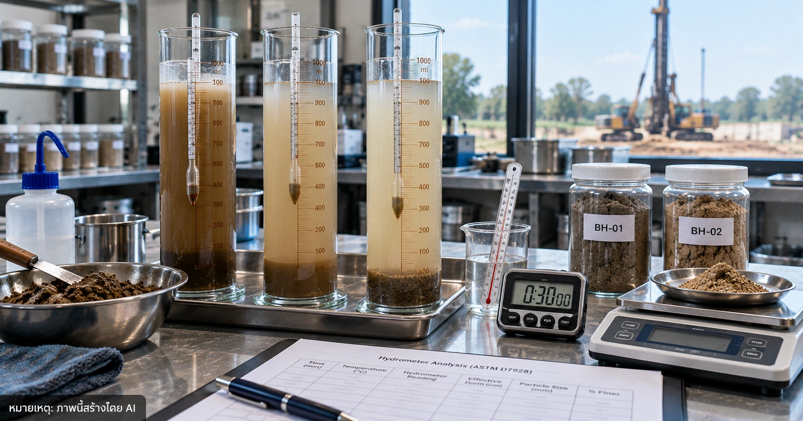 กระบอกตกตะกอนและ Hydrometer สำหรับทดสอบการกระจายขนาดอนุภาคดินละเอียดในห้องปฏิบัติการ