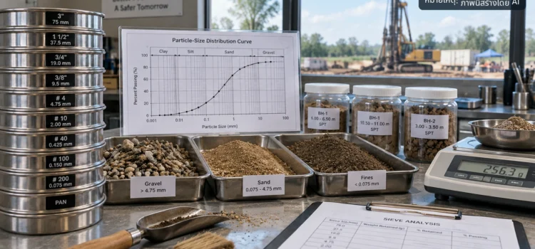 ชุดตะแกรงทดสอบดิน Sieve Analysis และตัวอย่างกรวดทรายสำหรับวิเคราะห์ขนาดเม็ดดิน