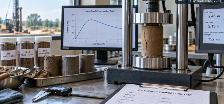 เครื่องทดสอบ Unconfined Compression Test กำลังกดตัวอย่างดินเหนียวทรงกระบอกในห้องปฏิบัติการ